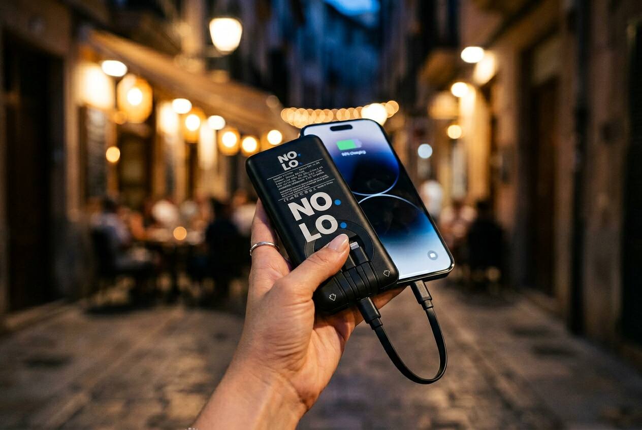 NOLO powerbank station at a Mallorca beach club bar