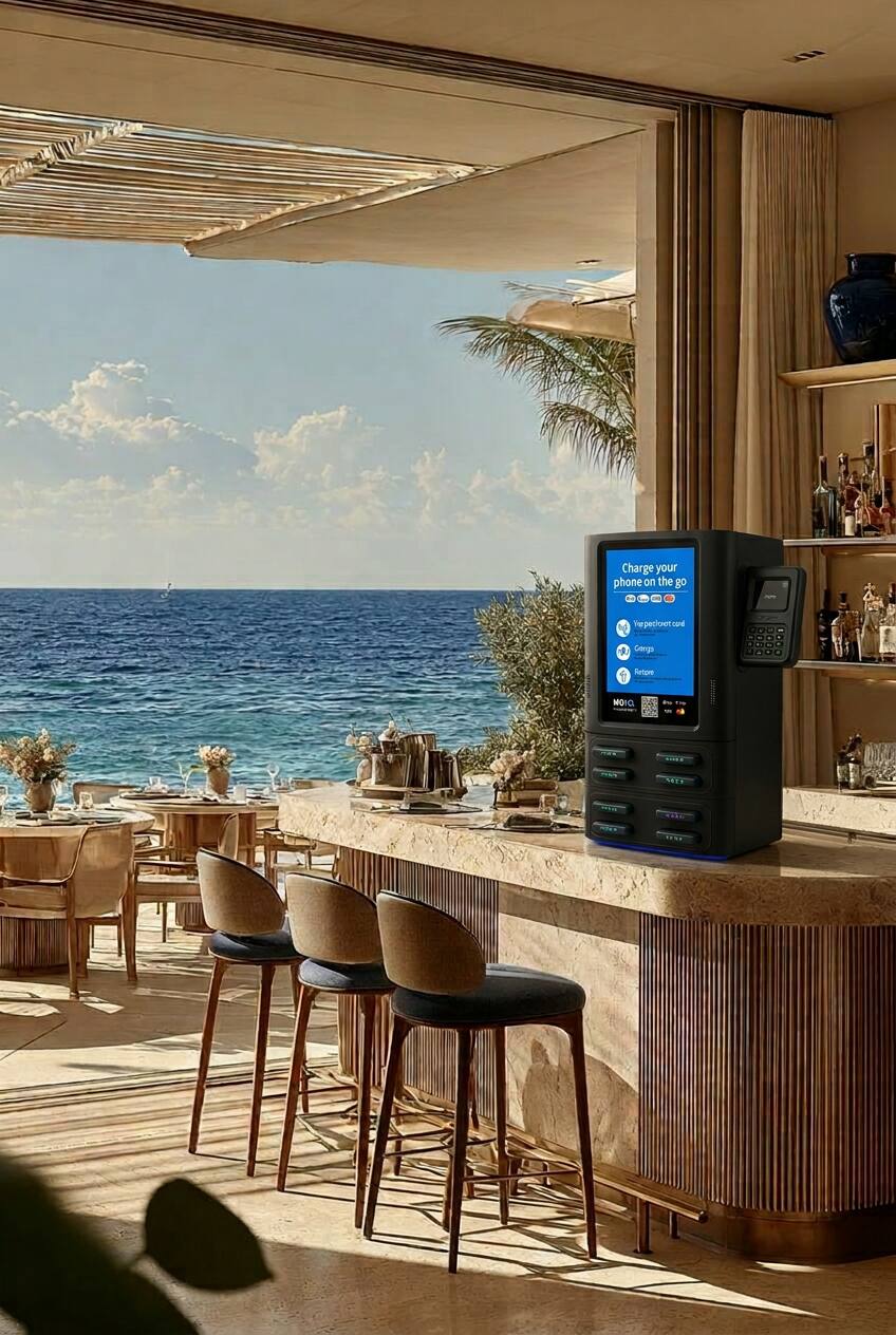 Dinner table in Mallorca with phones charged through NOLO