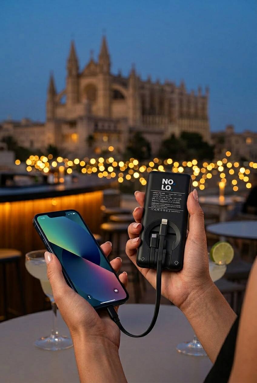 On the go in Palma. NOLO powerbank in a bag
